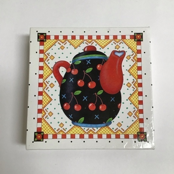 Mary Engelbreit Teapot Coasters Cork Back 4” Square Box SET OF 6 Vintage Cottage - Picture 2 of 16